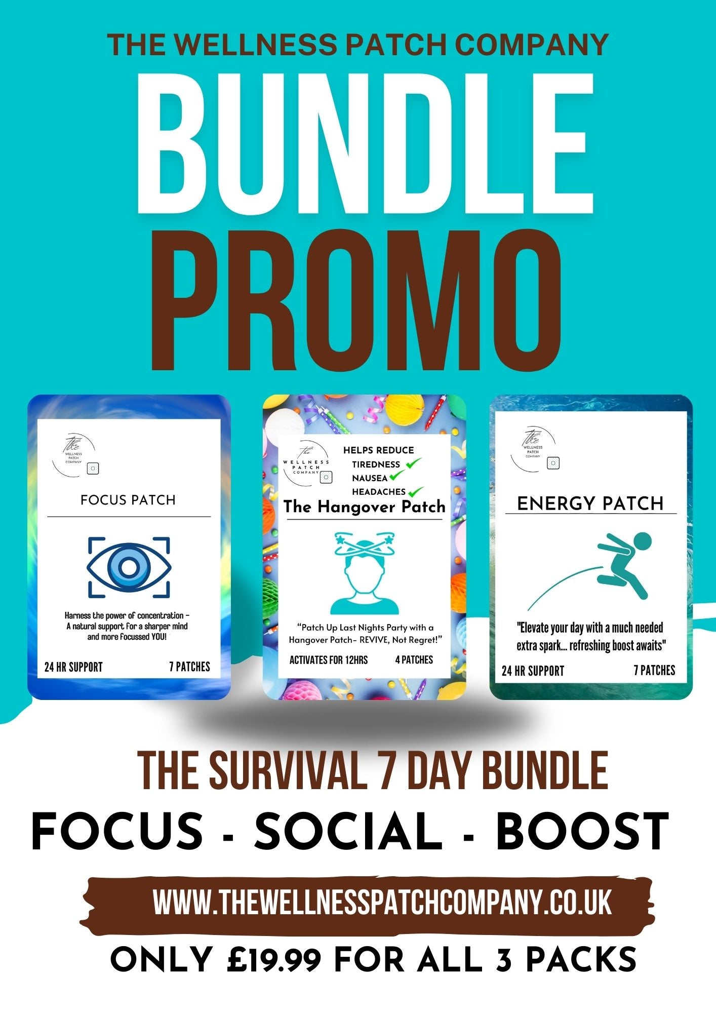 BUNDLE SAMPLER  PATCHES-THE SURVIVAL PACK -7 DAY BUNDLE FOCUS, ENERGY & HANGOVER