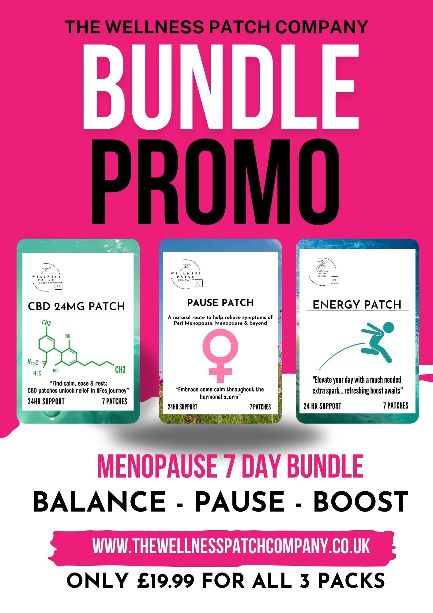 BUNDLE SAMPLER PATCHES- THE WELLBEING PACK -  7 DAY SUPPLY - PAUSE, ENERGY CBD 24MG PATCHES