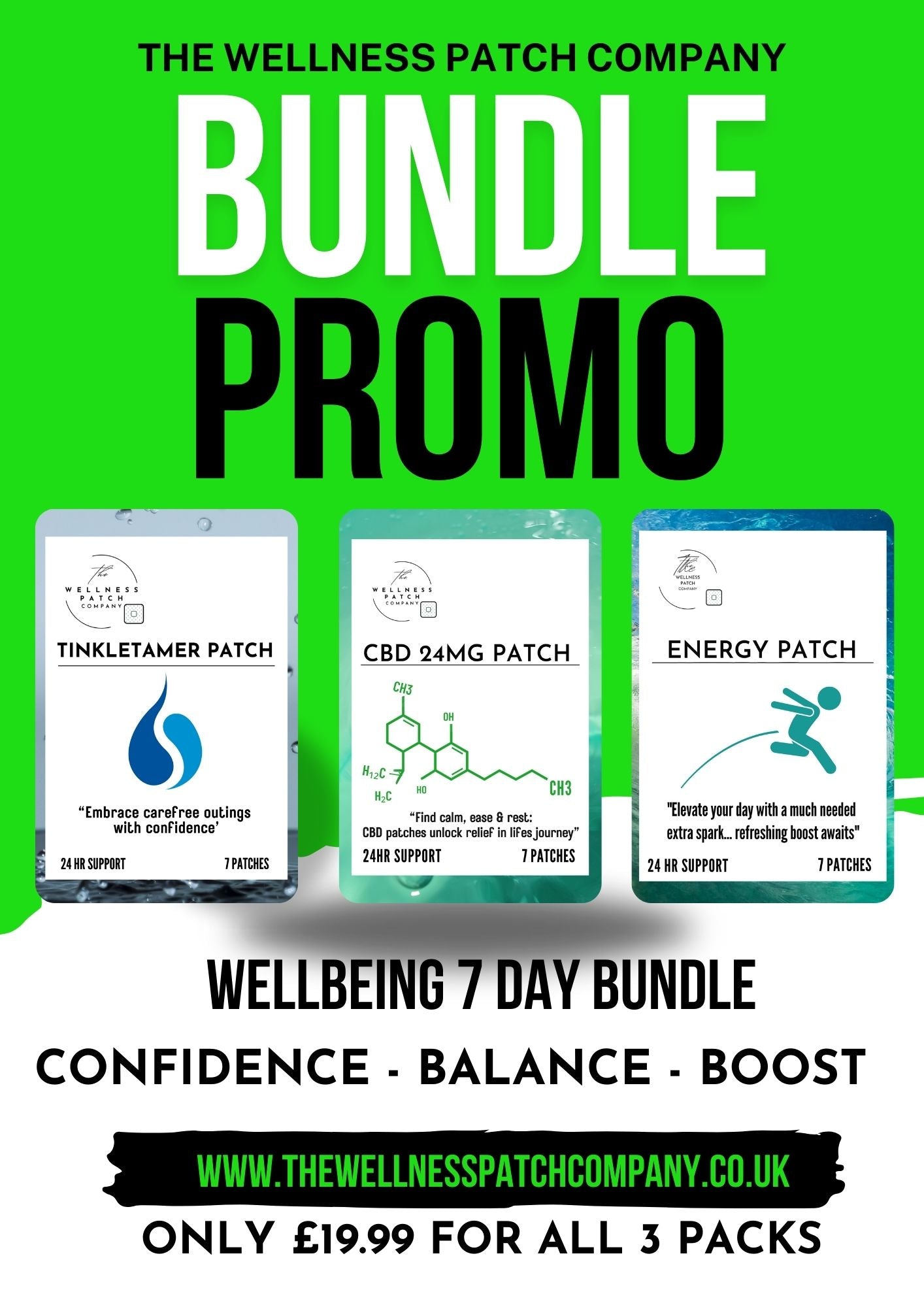 BUNDLE SAMPER  PATCHES - THE WELLBEING PACK-  7 DAY SUPPLY - CBD, ENERGY & TINKLE TAMER