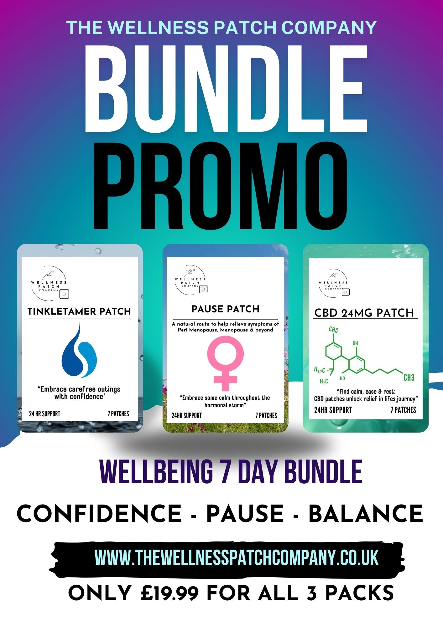 BUNDLE SAMPLER PATCHES- THE WELLBEING PACK- 7 DAY SUPPLY - TINKLE TAMER, PAUSE, 24MG CBD